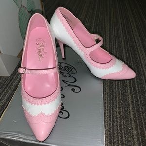 Like new Pleaser Maryjane style pink & white leather heels